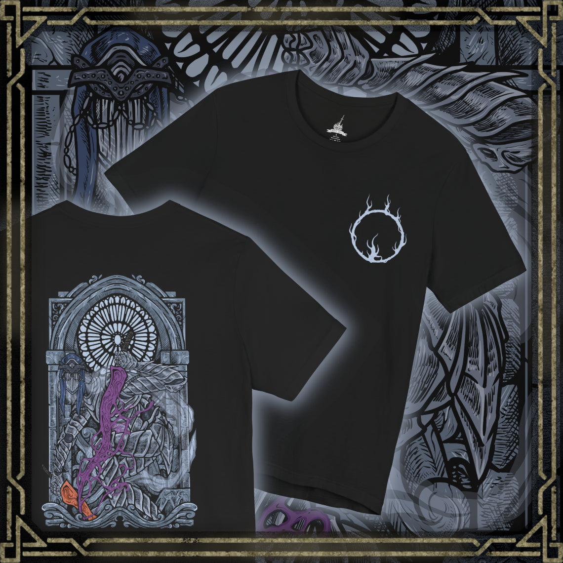 Thumbnail of a T-Shirt artwork depicting the Dancer mid-spin, her flowing veil and distorted armor illuminated by flickering firelight inside a vast, empty hall. One blade burns with cold blue flame while the other radiates warm orange fire, creating a deadly contrast. This design reflects her unpredictable movements, tragic transformation, and the hypnotic horror of her relentless, fluid combat style.