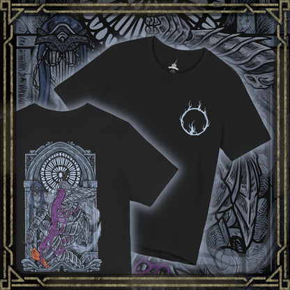 Thumbnail of a T-Shirt artwork depicting the Dancer mid-spin, her flowing veil and distorted armor illuminated by flickering firelight inside a vast, empty hall. One blade burns with cold blue flame while the other radiates warm orange fire, creating a deadly contrast. This design reflects her unpredictable movements, tragic transformation, and the hypnotic horror of her relentless, fluid combat style.