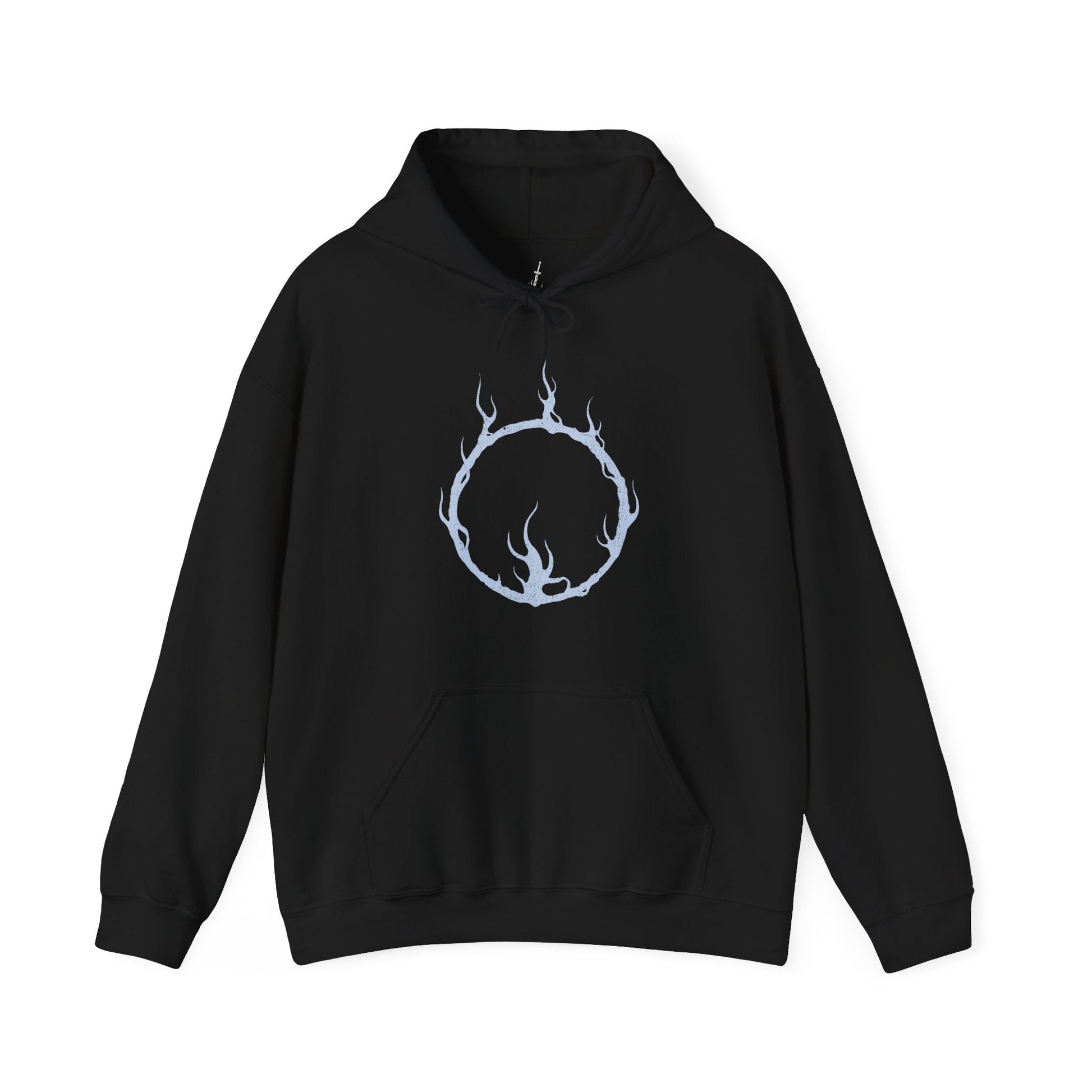 Image 4 of a Hooded Sweatshirt illustration of the Dancer of the Boreal Valley standing in dim light as her shadow stretches unnaturally across the floor. Her twin swords ignite the darkness with opposing flames while her posture bends with unsettling elegance. The composition emphasizes grace, fear, and the quiet, suffocating dread that defines one of Dark Souls III’s most iconic encounters.
