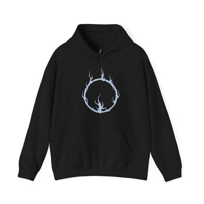 Image 4 of a Hooded Sweatshirt illustration of the Dancer of the Boreal Valley standing in dim light as her shadow stretches unnaturally across the floor. Her twin swords ignite the darkness with opposing flames while her posture bends with unsettling elegance. The composition emphasizes grace, fear, and the quiet, suffocating dread that defines one of Dark Souls III’s most iconic encounters.