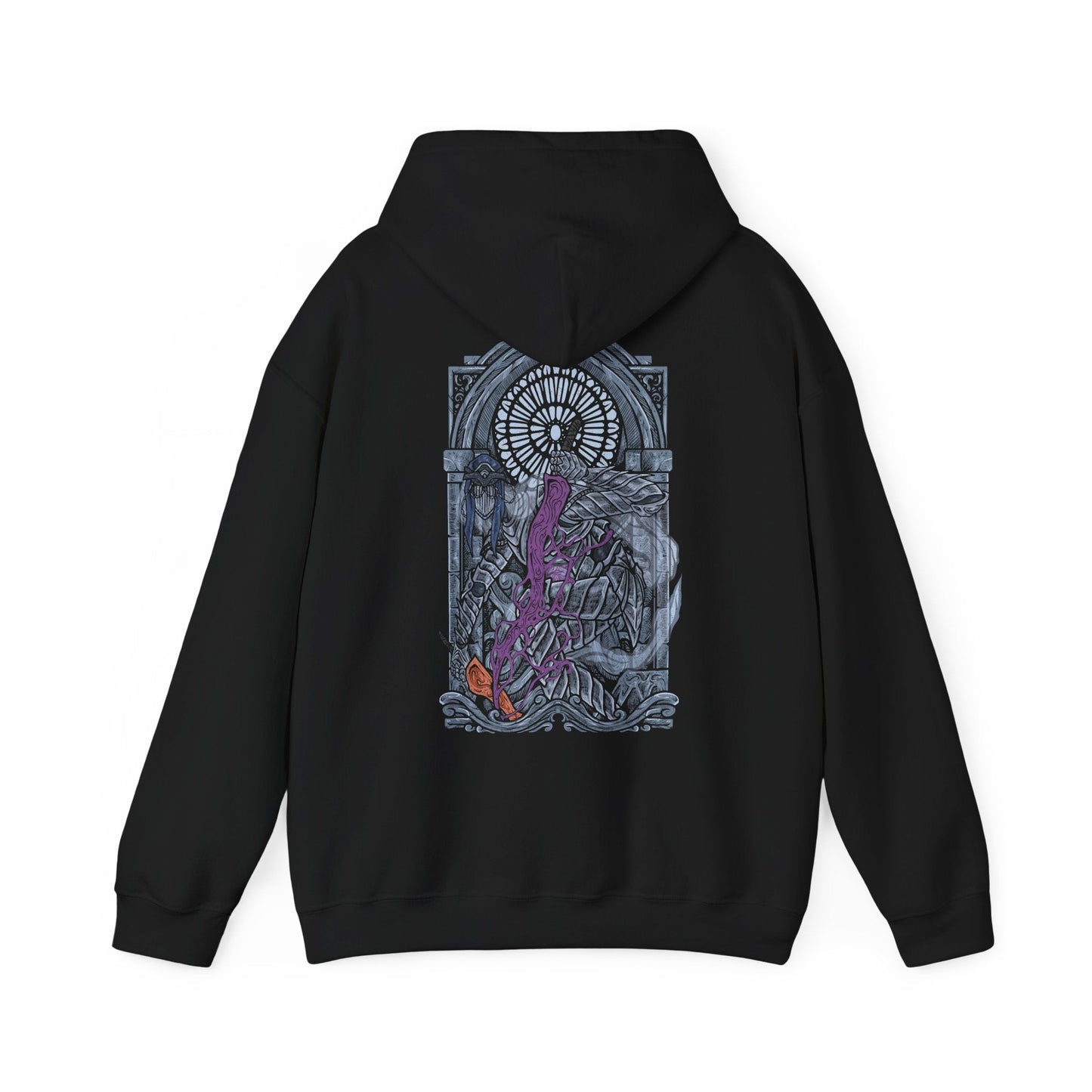 Image 5 of a Hooded Sweatshirt illustration of the Dancer of the Boreal Valley standing in dim light as her shadow stretches unnaturally across the floor. Her twin swords ignite the darkness with opposing flames while her posture bends with unsettling elegance. The composition emphasizes grace, fear, and the quiet, suffocating dread that defines one of Dark Souls III’s most iconic encounters.