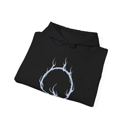 Image 6 of a Hooded Sweatshirt illustration of the Dancer of the Boreal Valley standing in dim light as her shadow stretches unnaturally across the floor. Her twin swords ignite the darkness with opposing flames while her posture bends with unsettling elegance. The composition emphasizes grace, fear, and the quiet, suffocating dread that defines one of Dark Souls III’s most iconic encounters.