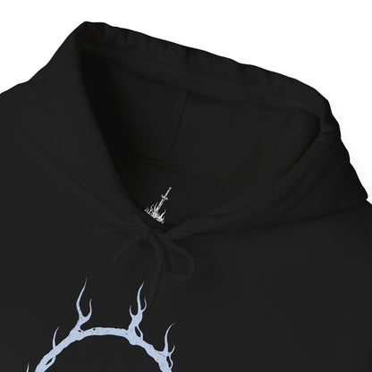 Folded Hooded Sweatshirt illustration of the Dancer of the Boreal Valley standing in dim light as her shadow stretches unnaturally across the floor. Her twin swords ignite the darkness with opposing flames while her posture bends with unsettling elegance. The composition emphasizes grace, fear, and the quiet, suffocating dread that defines one of Dark Souls III’s most iconic encounters.