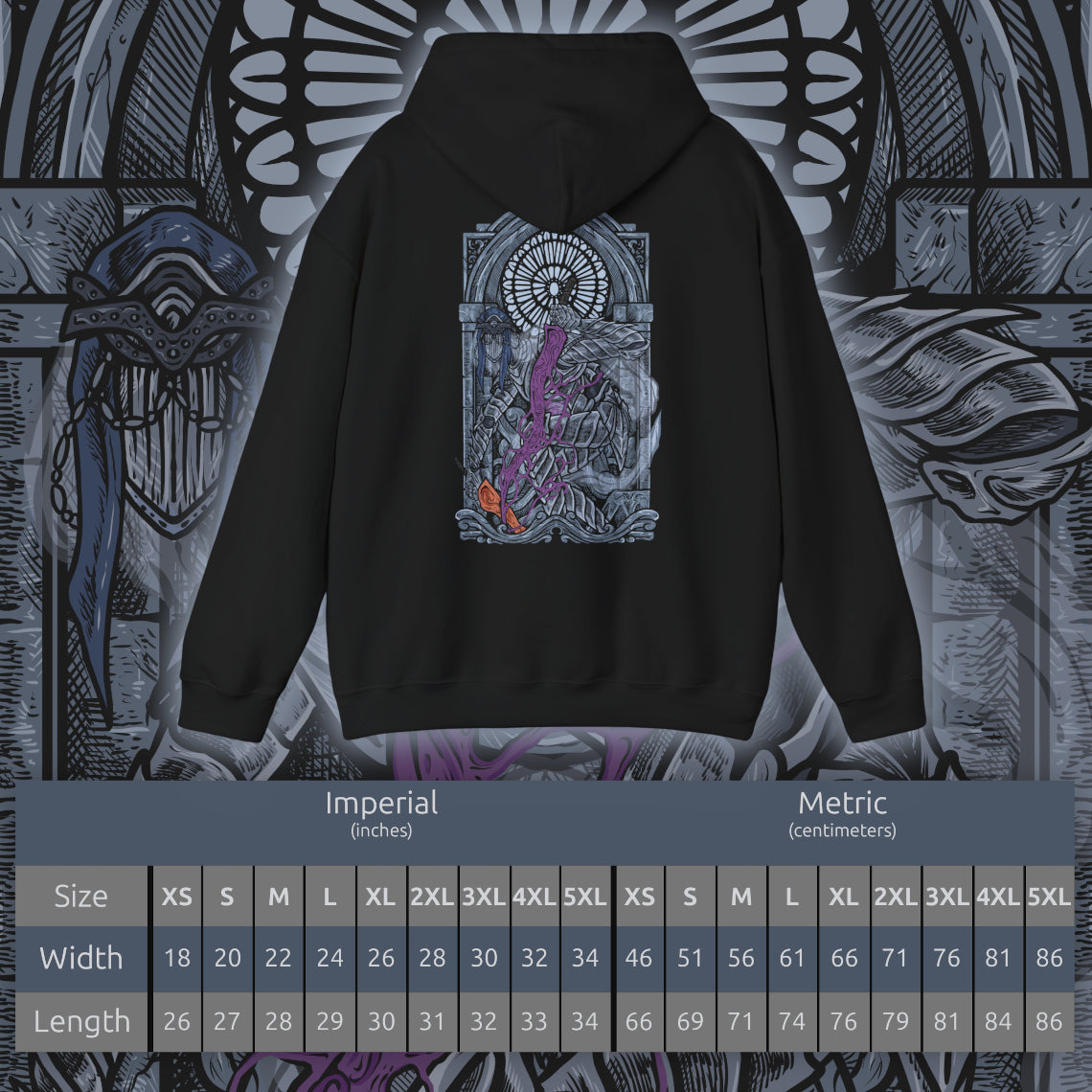 Size chart of a Hooded Sweatshirt illustration of the Dancer of the Boreal Valley standing in dim light as her shadow stretches unnaturally across the floor. Her twin swords ignite the darkness with opposing flames while her posture bends with unsettling elegance. The composition emphasizes grace, fear, and the quiet, suffocating dread that defines one of Dark Souls III’s most iconic encounters.