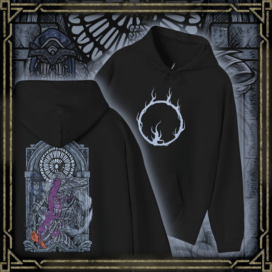Thumbnail of a Hooded Sweatshirt illustration of the Dancer of the Boreal Valley standing in dim light as her shadow stretches unnaturally across the floor. Her twin swords ignite the darkness with opposing flames while her posture bends with unsettling elegance. The composition emphasizes grace, fear, and the quiet, suffocating dread that defines one of Dark Souls III’s most iconic encounters.