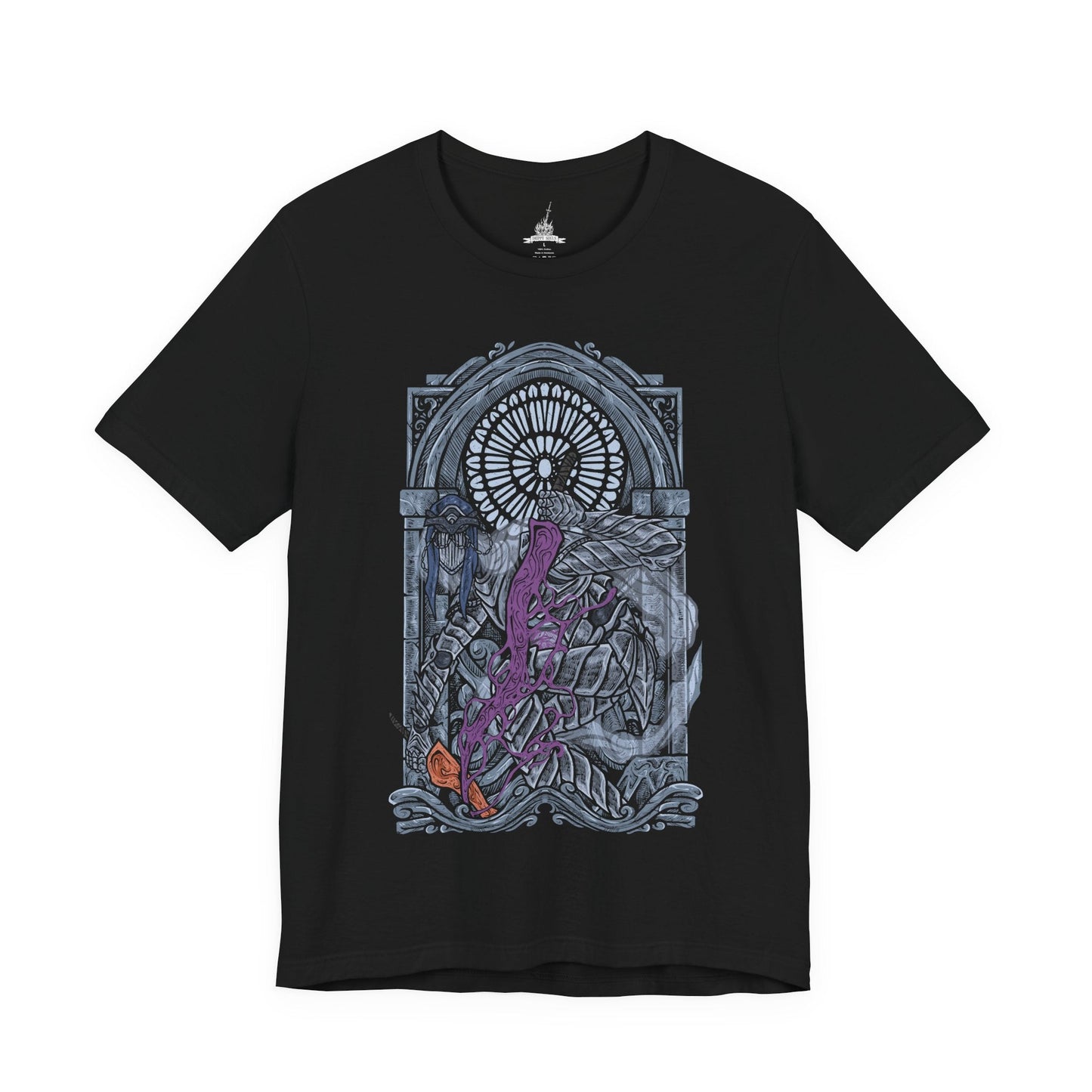 Image 4 of a T-Shirt design of the Dancer of the Boreal Valley from Dark Souls III, gliding through a shadowed cathedral with unnatural grace as blue and orange flames trail from her twin blades. Her elongated, spectral form twists mid-motion while darkness pools beneath her feet. The design captures eerie elegance, silent terror, and the haunting presence of a knight transformed into something inhuman.
