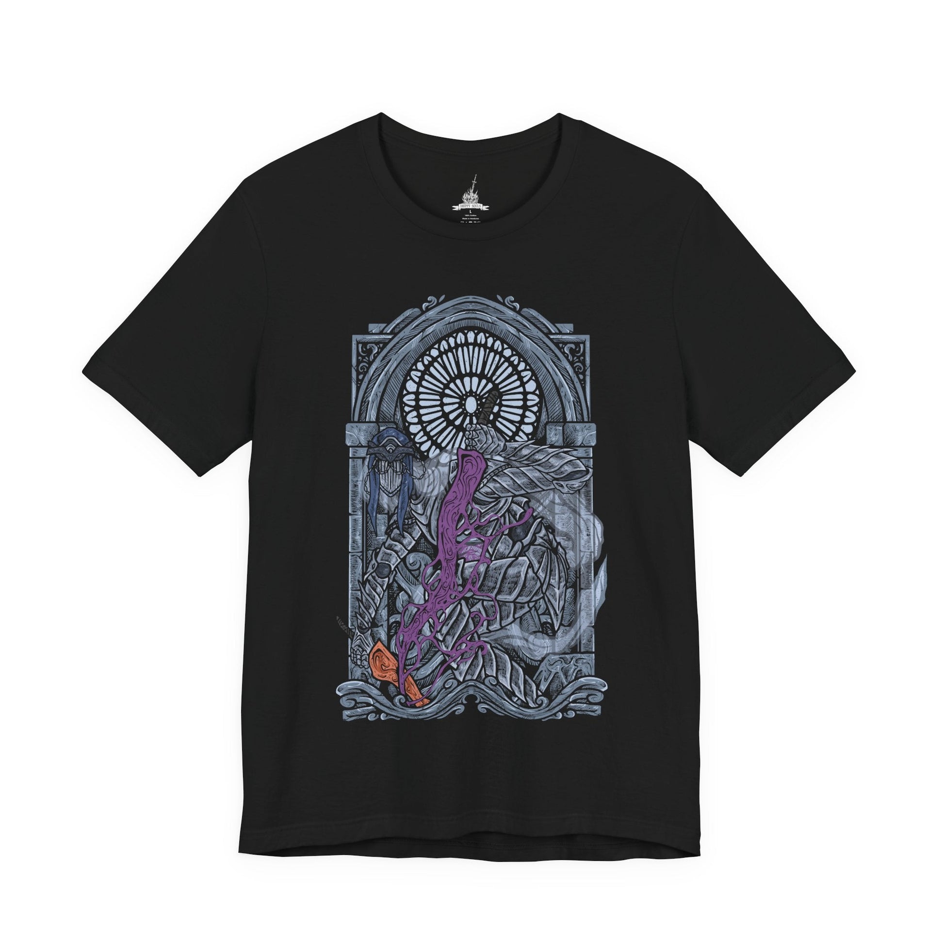 Image 4 of a T-Shirt design of the Dancer of the Boreal Valley from Dark Souls III, gliding through a shadowed cathedral with unnatural grace as blue and orange flames trail from her twin blades. Her elongated, spectral form twists mid-motion while darkness pools beneath her feet. The design captures eerie elegance, silent terror, and the haunting presence of a knight transformed into something inhuman.