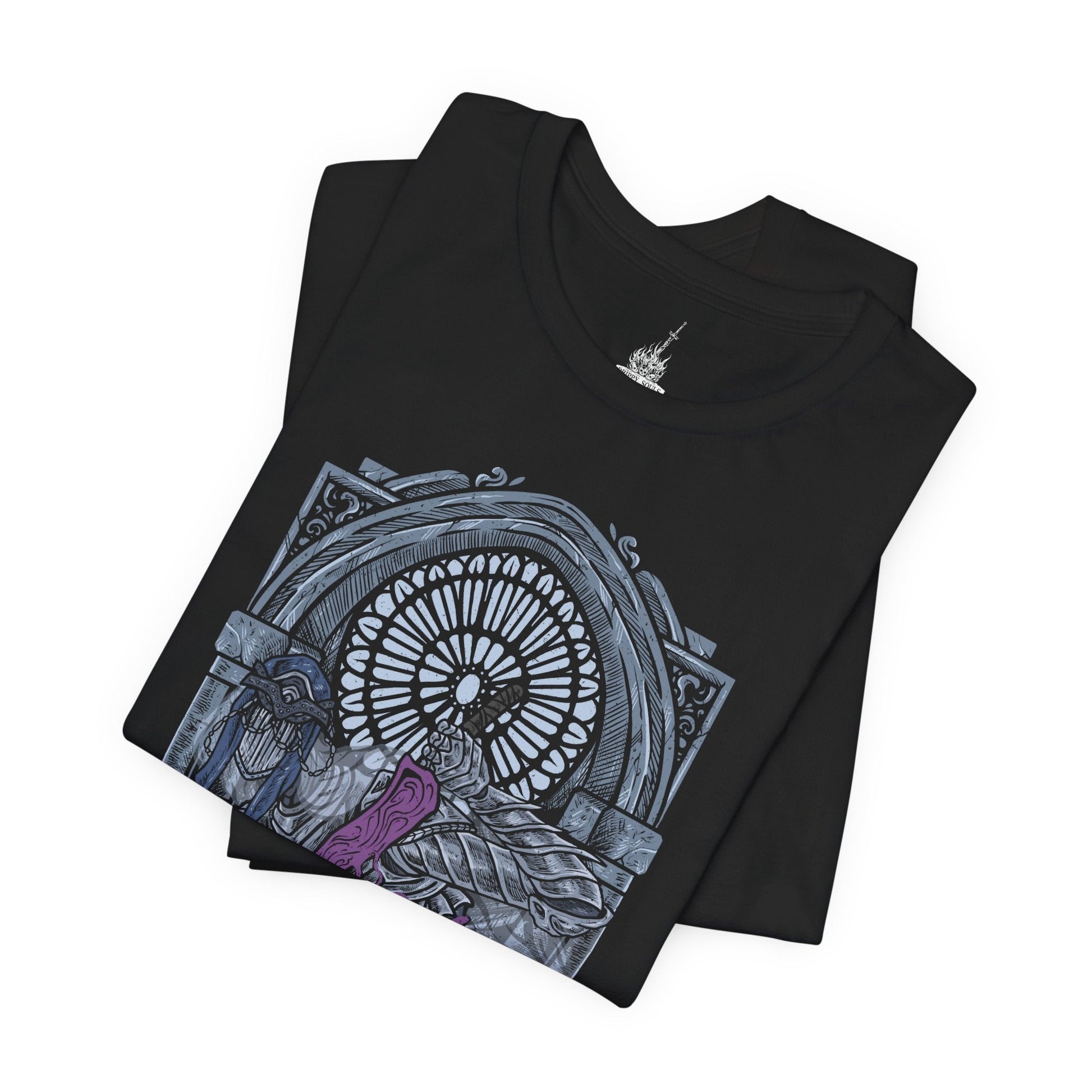 Image 5 of a T-Shirt design of the Dancer of the Boreal Valley from Dark Souls III, gliding through a shadowed cathedral with unnatural grace as blue and orange flames trail from her twin blades. Her elongated, spectral form twists mid-motion while darkness pools beneath her feet. The design captures eerie elegance, silent terror, and the haunting presence of a knight transformed into something inhuman.