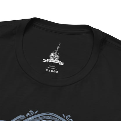 Folded T-Shirt design of the Dancer of the Boreal Valley from Dark Souls III, gliding through a shadowed cathedral with unnatural grace as blue and orange flames trail from her twin blades. Her elongated, spectral form twists mid-motion while darkness pools beneath her feet. The design captures eerie elegance, silent terror, and the haunting presence of a knight transformed into something inhuman.