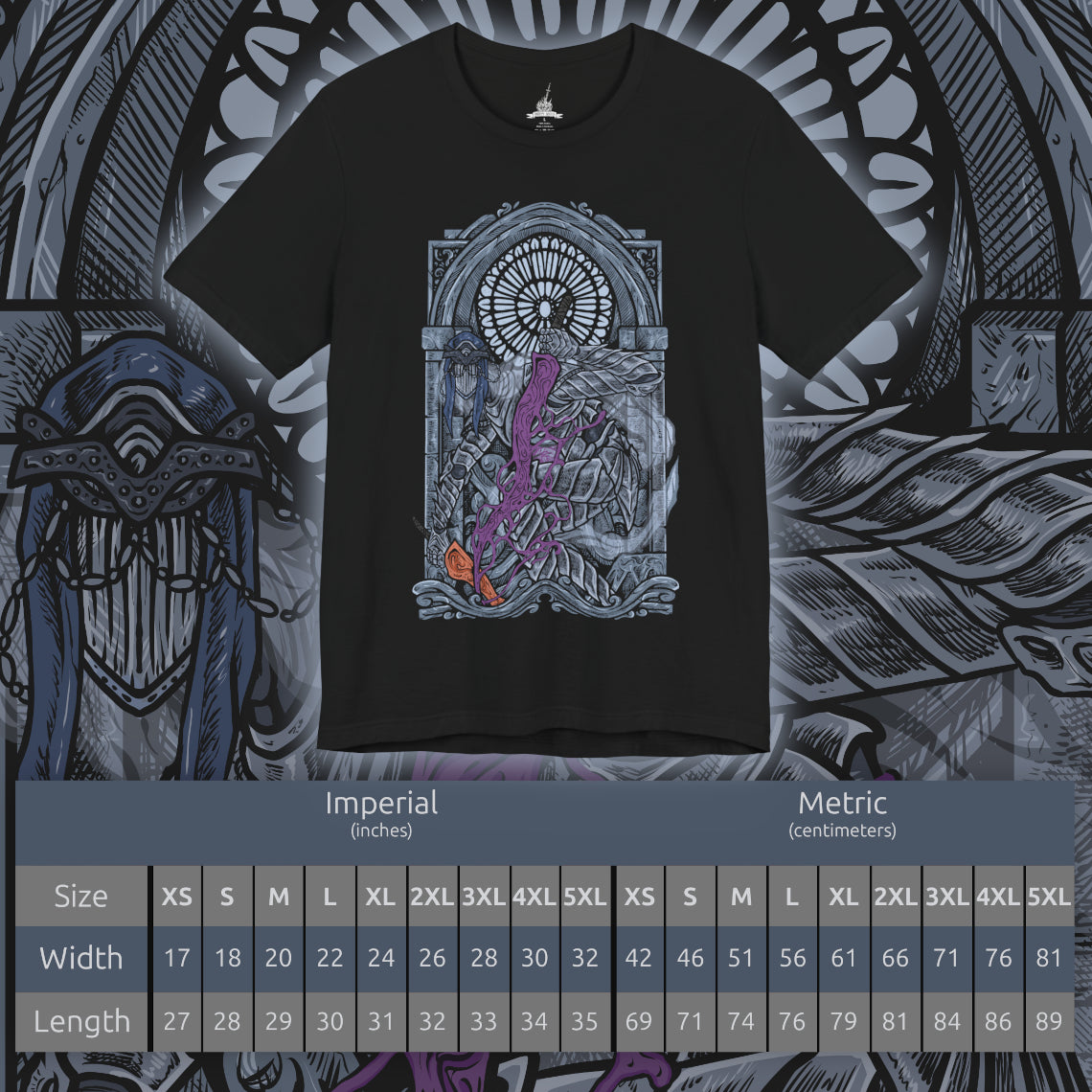 Size chart of a T-Shirt design of the Dancer of the Boreal Valley from Dark Souls III, gliding through a shadowed cathedral with unnatural grace as blue and orange flames trail from her twin blades. Her elongated, spectral form twists mid-motion while darkness pools beneath her feet. The design captures eerie elegance, silent terror, and the haunting presence of a knight transformed into something inhuman.