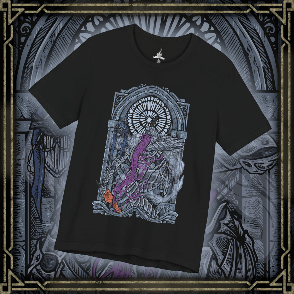 Thumbnail of a T-Shirt design of the Dancer of the Boreal Valley from Dark Souls III, gliding through a shadowed cathedral with unnatural grace as blue and orange flames trail from her twin blades. Her elongated, spectral form twists mid-motion while darkness pools beneath her feet. The design captures eerie elegance, silent terror, and the haunting presence of a knight transformed into something inhuman.