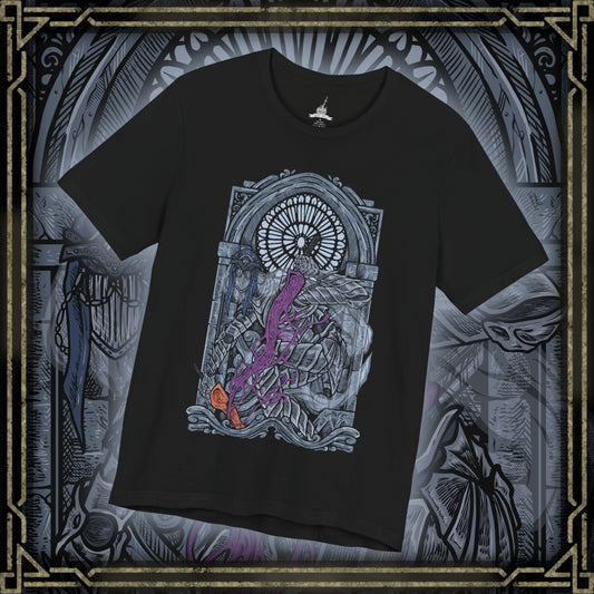 Thumbnail of a T-Shirt design of the Dancer of the Boreal Valley from Dark Souls III, gliding through a shadowed cathedral with unnatural grace as blue and orange flames trail from her twin blades. Her elongated, spectral form twists mid-motion while darkness pools beneath her feet. The design captures eerie elegance, silent terror, and the haunting presence of a knight transformed into something inhuman.