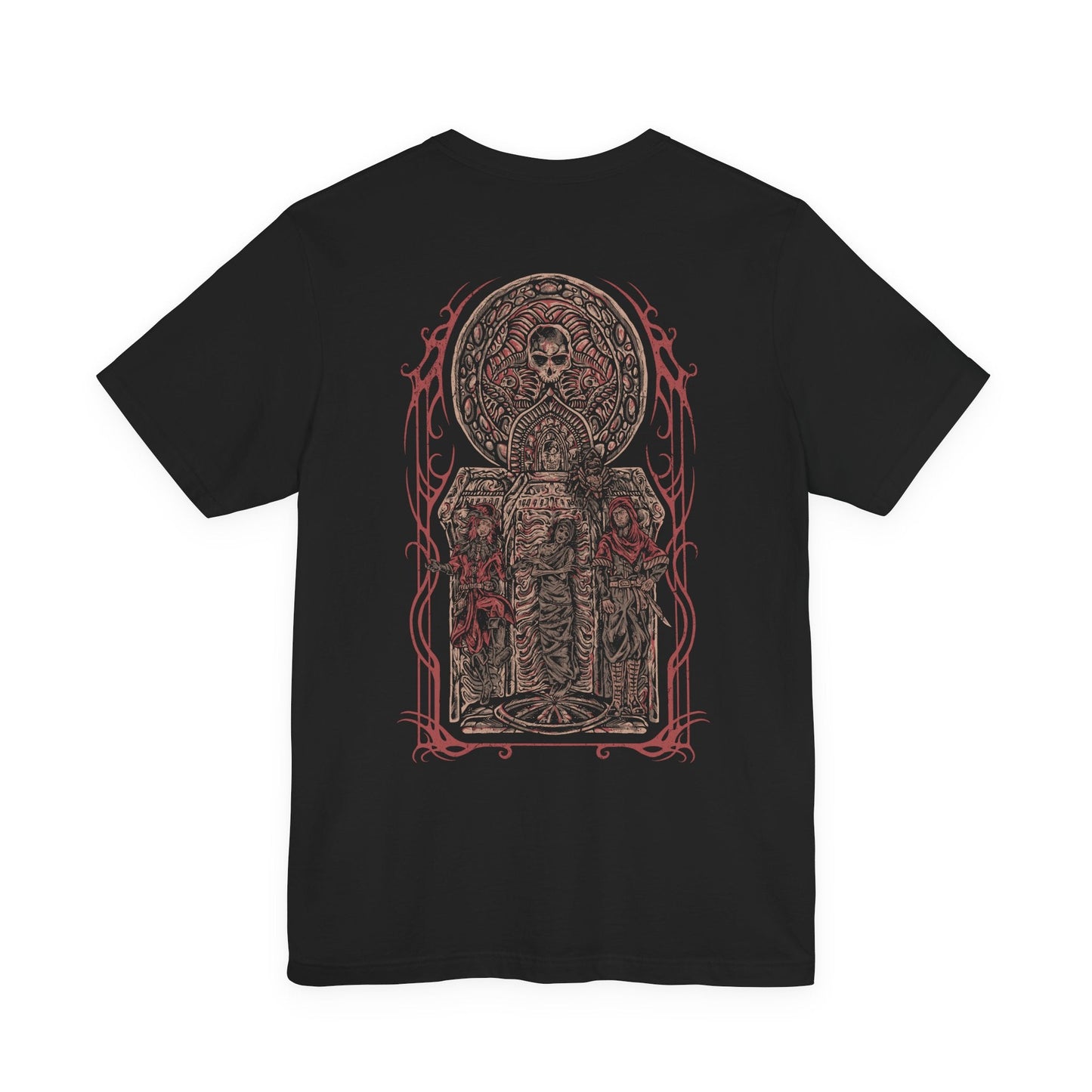 Image 5 of a Skyrim T-shirt showcasing the Dark Brotherhood, the feared order of assassins that serves the Dread Father Sithis. From the hidden Sanctuary to the voice of Astrid and the whispers of the Night Mother, the Brotherhood thrives on contracts sealed in blood. This design embodies the cult’s sinister devotion and their chilling promise of retribution.