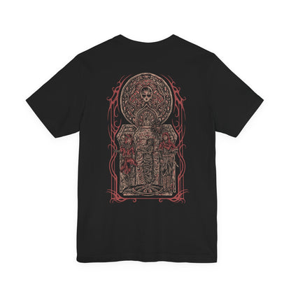 Image 5 of a Skyrim T-shirt showcasing the Dark Brotherhood, the feared order of assassins that serves the Dread Father Sithis. From the hidden Sanctuary to the voice of Astrid and the whispers of the Night Mother, the Brotherhood thrives on contracts sealed in blood. This design embodies the cult’s sinister devotion and their chilling promise of retribution.