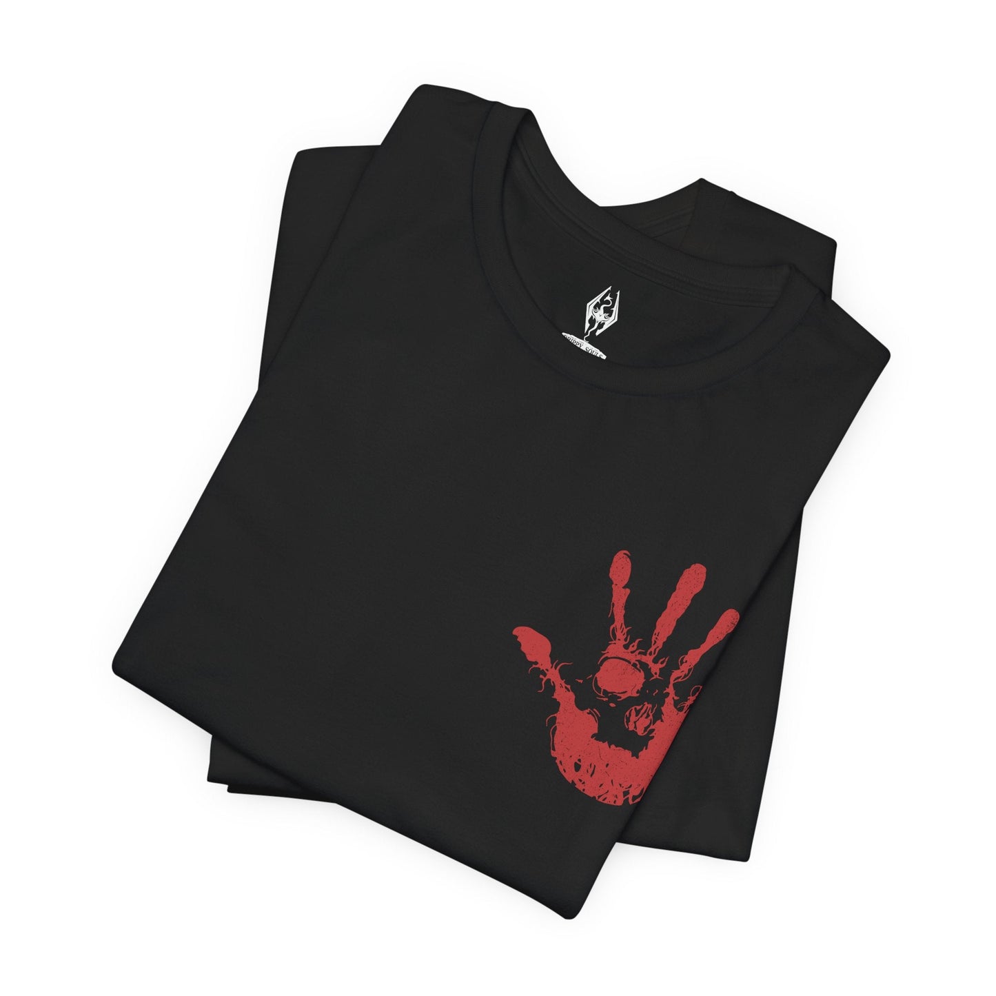 Image 6 of a Skyrim T-shirt showcasing the Dark Brotherhood, the feared order of assassins that serves the Dread Father Sithis. From the hidden Sanctuary to the voice of Astrid and the whispers of the Night Mother, the Brotherhood thrives on contracts sealed in blood. This design embodies the cult’s sinister devotion and their chilling promise of retribution.