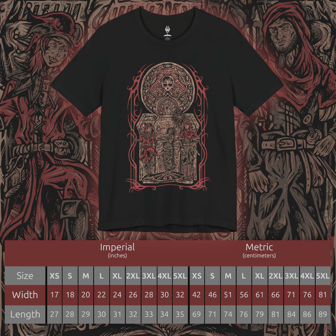 Size chart of a Skyrim T-shirt showcasing the Dark Brotherhood, the feared order of assassins that serves the Dread Father Sithis. From the hidden Sanctuary to the voice of Astrid and the whispers of the Night Mother, the Brotherhood thrives on contracts sealed in blood. This design embodies the cult’s sinister devotion and their chilling promise of retribution.