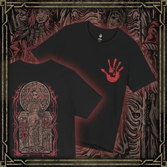 Thumbnail of a Skyrim T-shirt showcasing the Dark Brotherhood, the feared order of assassins that serves the Dread Father Sithis. From the hidden Sanctuary to the voice of Astrid and the whispers of the Night Mother, the Brotherhood thrives on contracts sealed in blood. This design embodies the cult’s sinister devotion and their chilling promise of retribution.