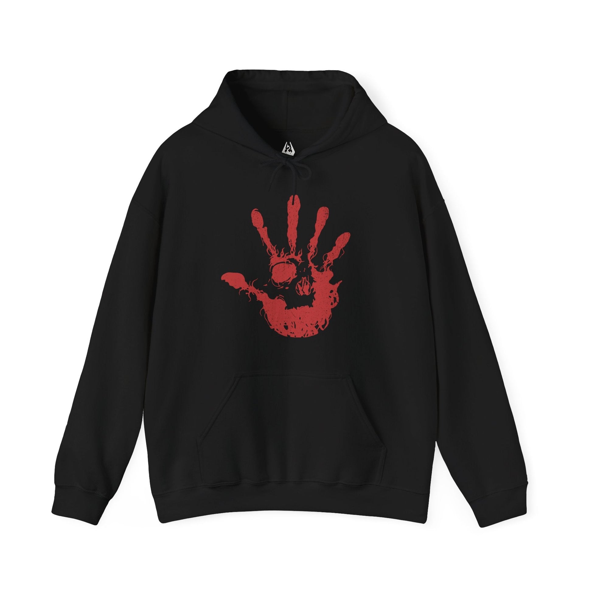 Image 4 of a Hooded Sweatshirt inspired by the Dark Brotherhood of Skyrim, depicting the crimson hand of the assassins who strike unseen and unheard. Bound by dark ritual and the will of Sithis, they move through Tamriel’s shadows, offering the Black Sacrament to those who seek vengeance. A perfect tribute to the mysterious killers who live by the words, “Sweet Mother, send your child unto me.”