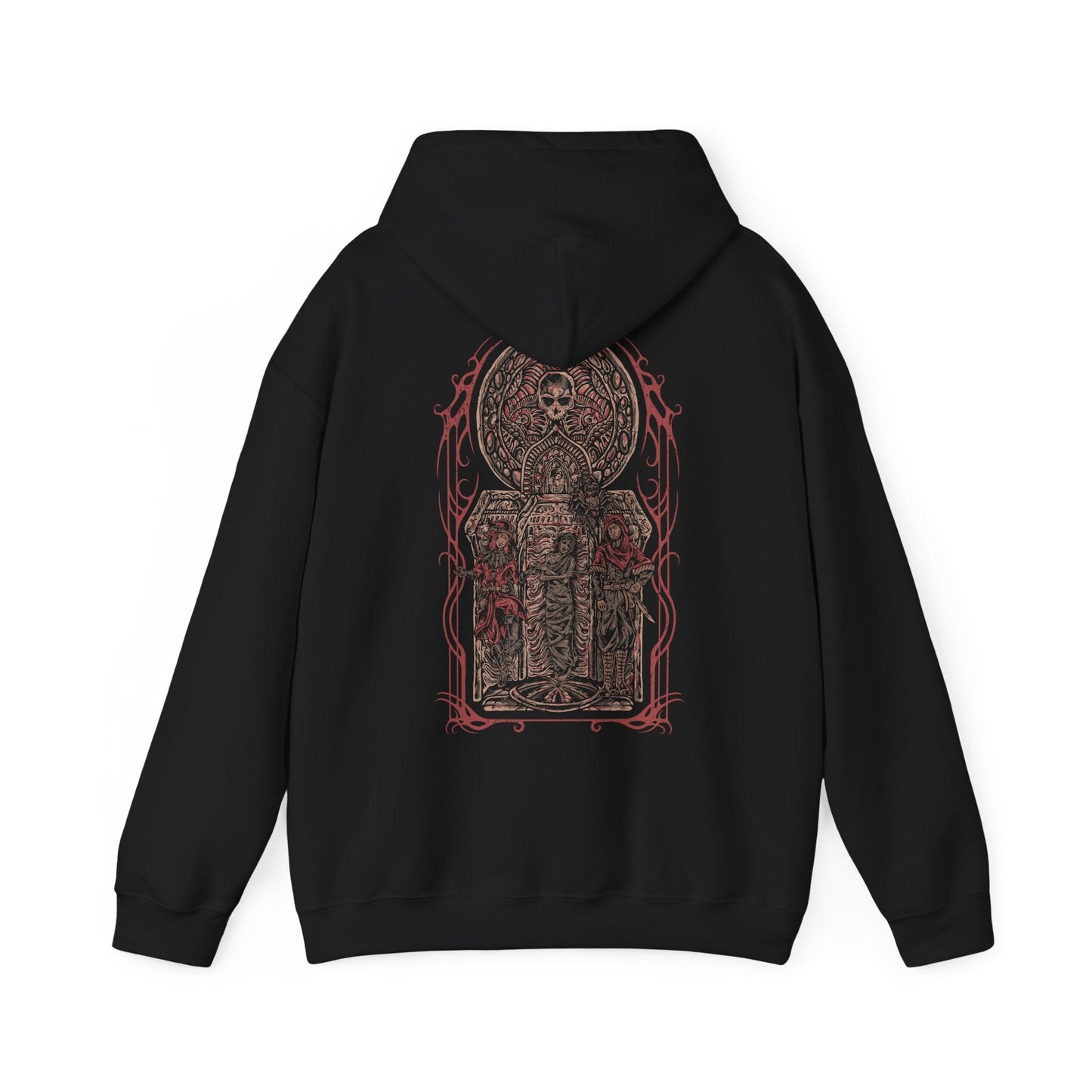 Image 5 of a Hooded Sweatshirt inspired by the Dark Brotherhood of Skyrim, depicting the crimson hand of the assassins who strike unseen and unheard. Bound by dark ritual and the will of Sithis, they move through Tamriel’s shadows, offering the Black Sacrament to those who seek vengeance. A perfect tribute to the mysterious killers who live by the words, “Sweet Mother, send your child unto me.”