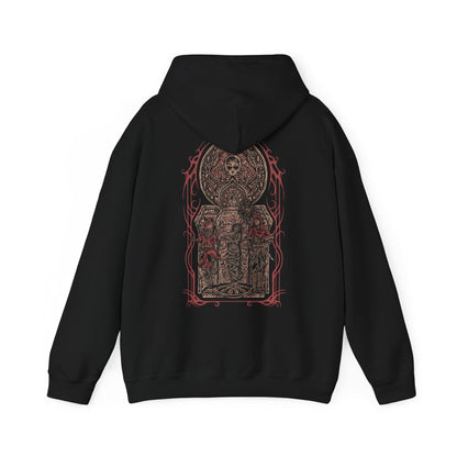 Image 5 of a Hooded Sweatshirt inspired by the Dark Brotherhood of Skyrim, depicting the crimson hand of the assassins who strike unseen and unheard. Bound by dark ritual and the will of Sithis, they move through Tamriel’s shadows, offering the Black Sacrament to those who seek vengeance. A perfect tribute to the mysterious killers who live by the words, “Sweet Mother, send your child unto me.”