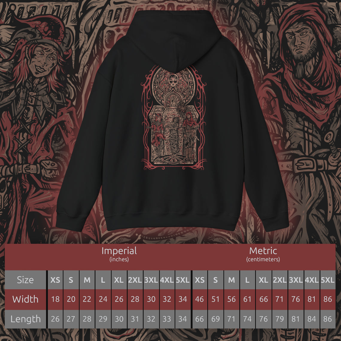 Size chart of a Hooded Sweatshirt inspired by the Dark Brotherhood of Skyrim, depicting the crimson hand of the assassins who strike unseen and unheard. Bound by dark ritual and the will of Sithis, they move through Tamriel’s shadows, offering the Black Sacrament to those who seek vengeance. A perfect tribute to the mysterious killers who live by the words, “Sweet Mother, send your child unto me.”