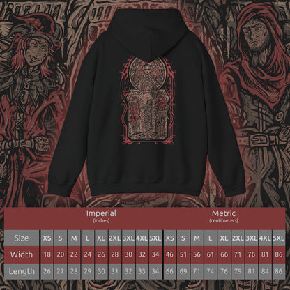 Size chart of a Hooded Sweatshirt inspired by the Dark Brotherhood of Skyrim, depicting the crimson hand of the assassins who strike unseen and unheard. Bound by dark ritual and the will of Sithis, they move through Tamriel’s shadows, offering the Black Sacrament to those who seek vengeance. A perfect tribute to the mysterious killers who live by the words, “Sweet Mother, send your child unto me.”