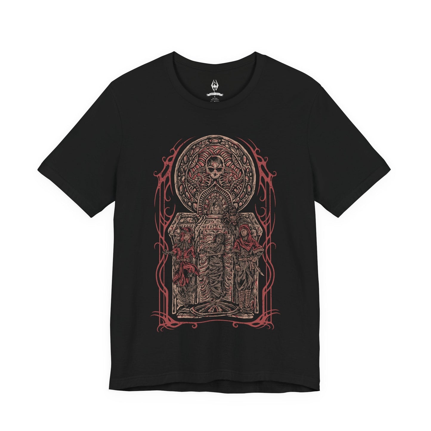 Image 4 of a T-shirt featuring the Dark Brotherhood from The Elder Scrolls V: Skyrim, the infamous guild of assassins devoted to Sithis and the Night Mother. Cloaked in shadow and secrecy, their bloody handprint marks a vow of silence and death. This design captures the haunting aura of the Brotherhood, where loyalty and murder intertwine beneath the whisper, We know.