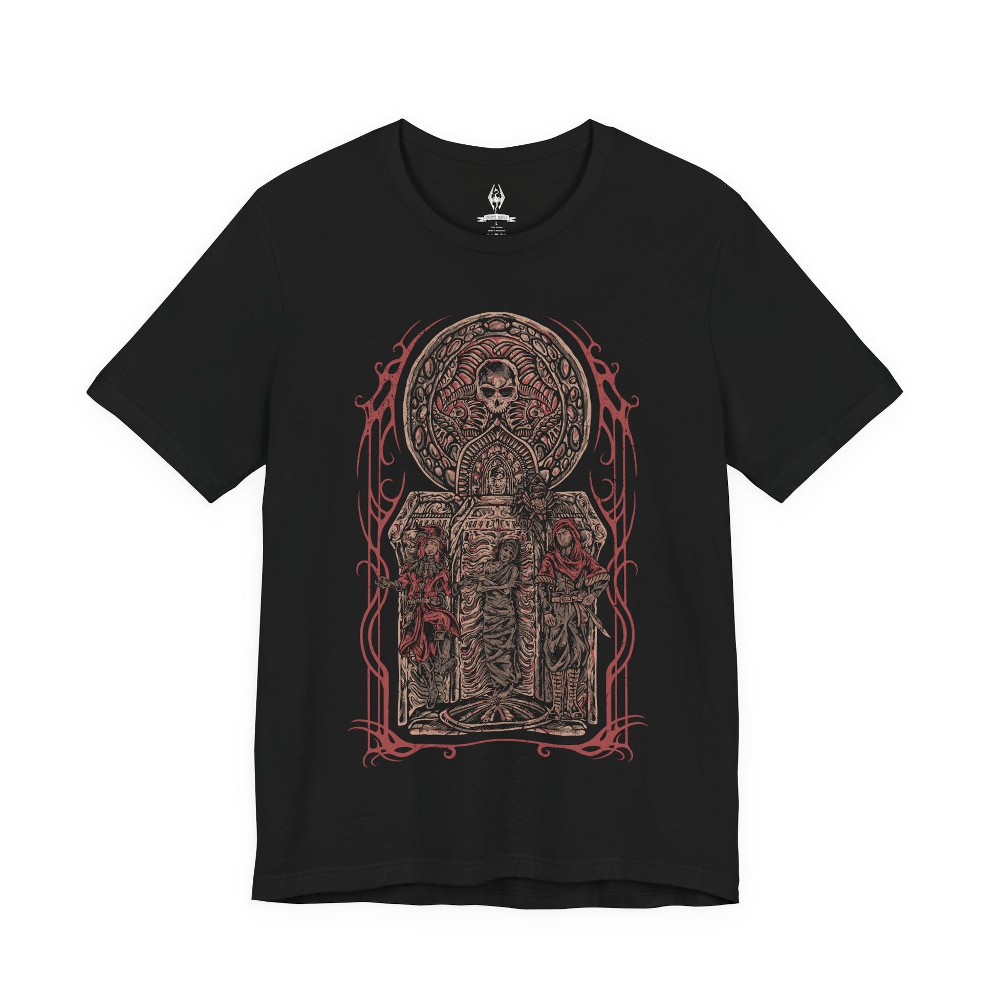 Image 4 of a T-shirt featuring the Dark Brotherhood from The Elder Scrolls V: Skyrim, the infamous guild of assassins devoted to Sithis and the Night Mother. Cloaked in shadow and secrecy, their bloody handprint marks a vow of silence and death. This design captures the haunting aura of the Brotherhood, where loyalty and murder intertwine beneath the whisper, We know.