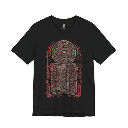 Image 4 of a T-shirt featuring the Dark Brotherhood from The Elder Scrolls V: Skyrim, the infamous guild of assassins devoted to Sithis and the Night Mother. Cloaked in shadow and secrecy, their bloody handprint marks a vow of silence and death. This design captures the haunting aura of the Brotherhood, where loyalty and murder intertwine beneath the whisper, We know.