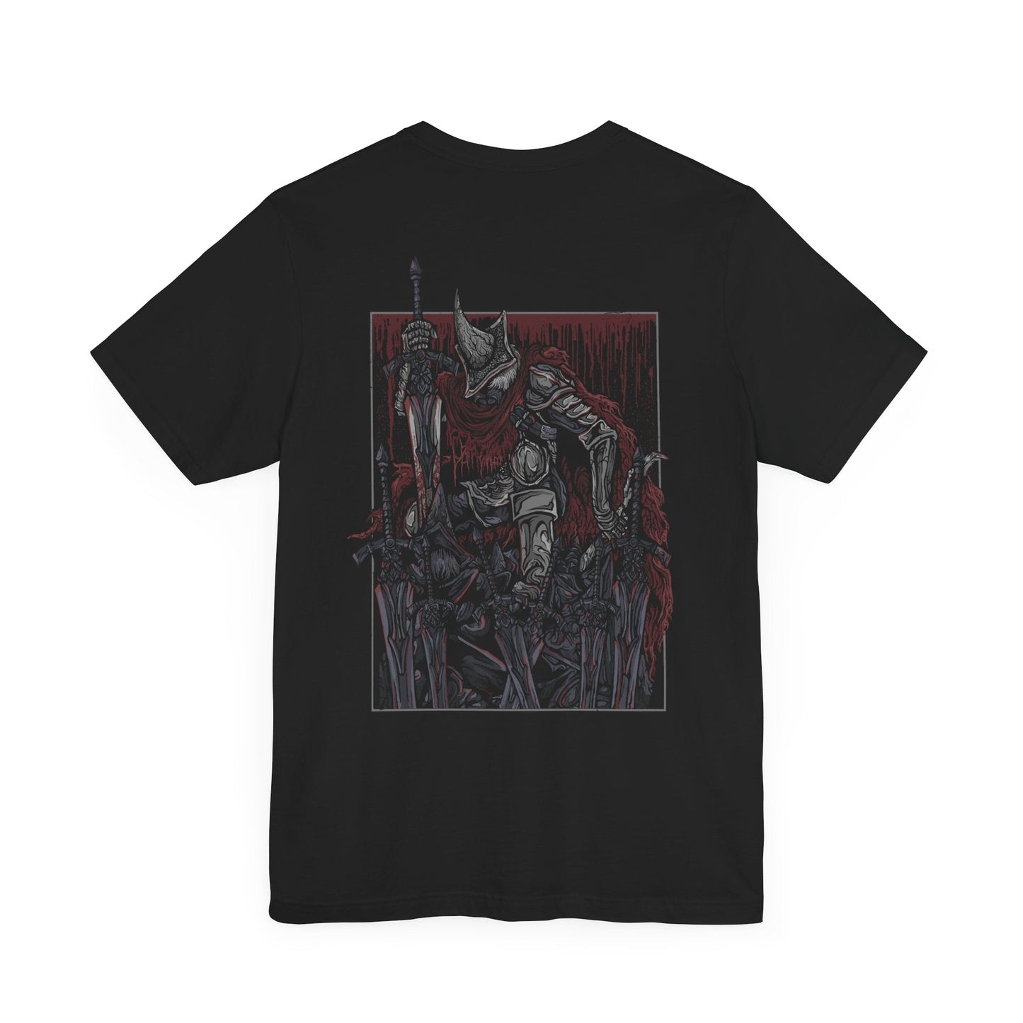 Image 4 of a T-shirt showcasing the Abyss Watchers from Dark Souls 3, the tragic leaders of Farron’s Undead Legion. With their signature greatswords and blood-stained cloaks, they are forever locked in battle—even against one another—as they attempt to halt the Abyss’s spread. Their coordinated yet cursed movements reflect a shared soul torn apart by unending conflict and fading purpose.