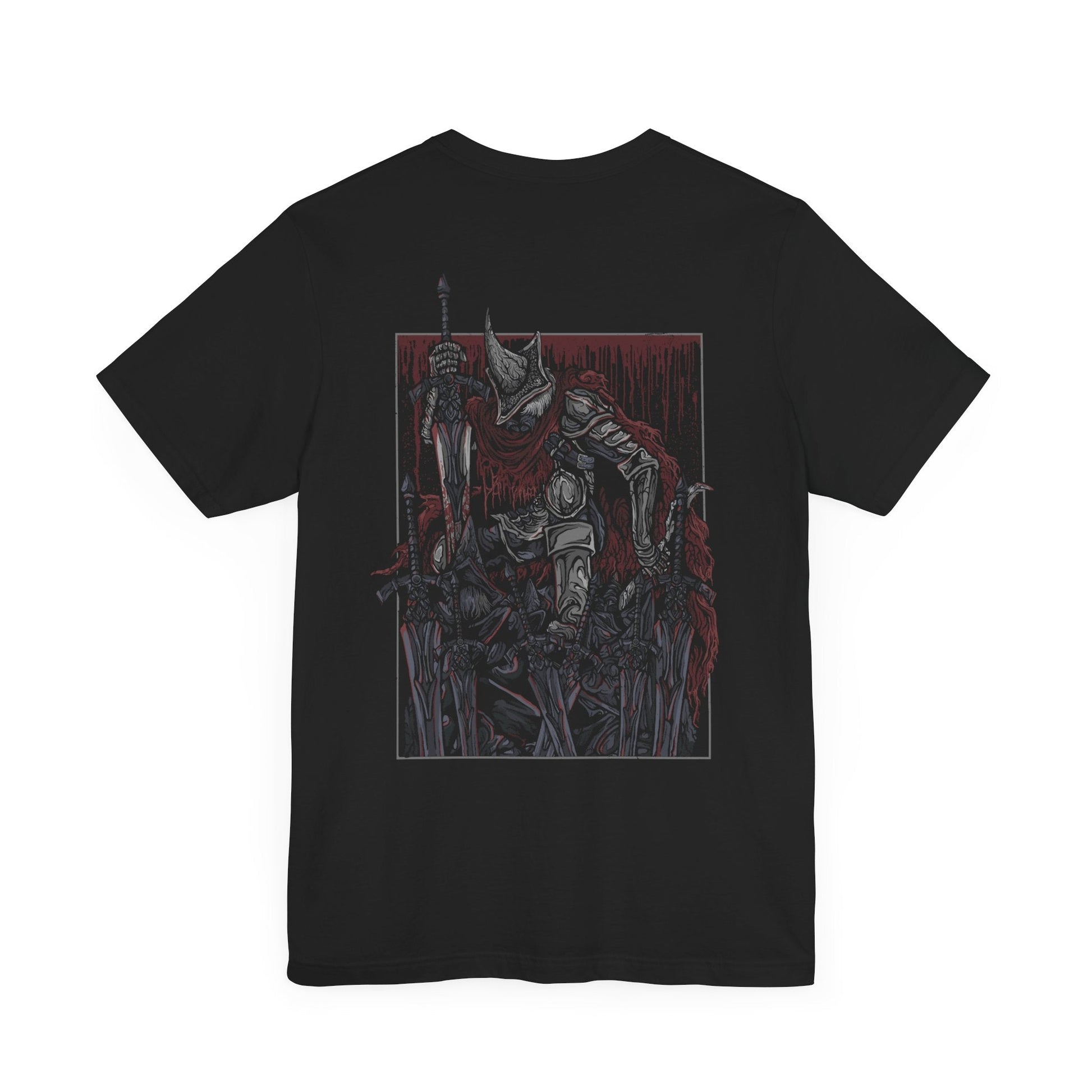 Image 4 of a T-shirt showcasing the Abyss Watchers from Dark Souls 3, the tragic leaders of Farron’s Undead Legion. With their signature greatswords and blood-stained cloaks, they are forever locked in battle—even against one another—as they attempt to halt the Abyss’s spread. Their coordinated yet cursed movements reflect a shared soul torn apart by unending conflict and fading purpose.