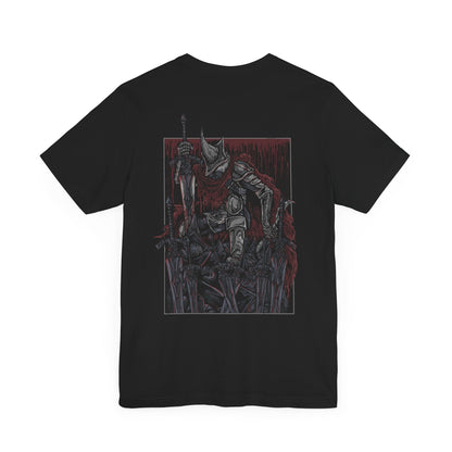 Image 4 of a T-shirt showcasing the Abyss Watchers from Dark Souls 3, the tragic leaders of Farron’s Undead Legion. With their signature greatswords and blood-stained cloaks, they are forever locked in battle—even against one another—as they attempt to halt the Abyss’s spread. Their coordinated yet cursed movements reflect a shared soul torn apart by unending conflict and fading purpose.