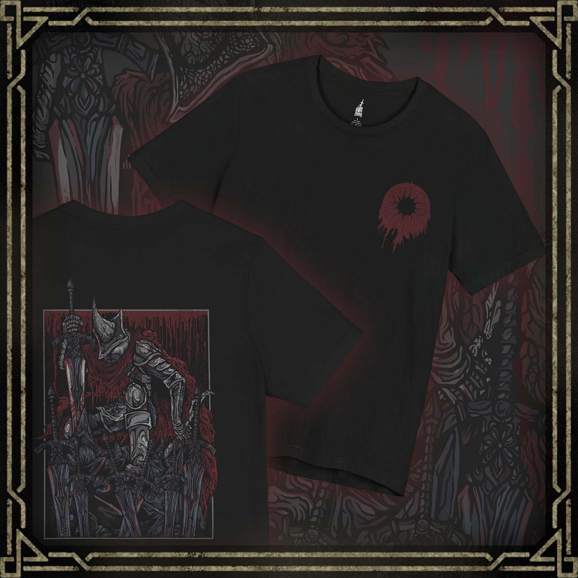 Thumbnail of a T-shirt showcasing the Abyss Watchers from Dark Souls 3, the tragic leaders of Farron’s Undead Legion. With their signature greatswords and blood-stained cloaks, they are forever locked in battle—even against one another—as they attempt to halt the Abyss’s spread. Their coordinated yet cursed movements reflect a shared soul torn apart by unending conflict and fading purpose.