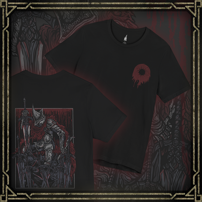 Thumbnail of a T-shirt showcasing the Abyss Watchers from Dark Souls 3, the tragic leaders of Farron’s Undead Legion. With their signature greatswords and blood-stained cloaks, they are forever locked in battle—even against one another—as they attempt to halt the Abyss’s spread. Their coordinated yet cursed movements reflect a shared soul torn apart by unending conflict and fading purpose.