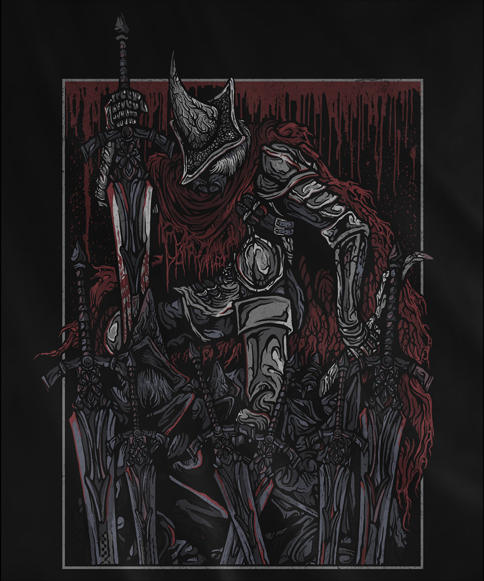 Design used for a Hooded Sweatshirt featuring the Abyss Watchers from Dark Souls 3 in a grim, dark design, highlighting their relentless battle stance and iconic armor, perfect for fans of these legendary undead warriors and their tragic battle against the Abyss.