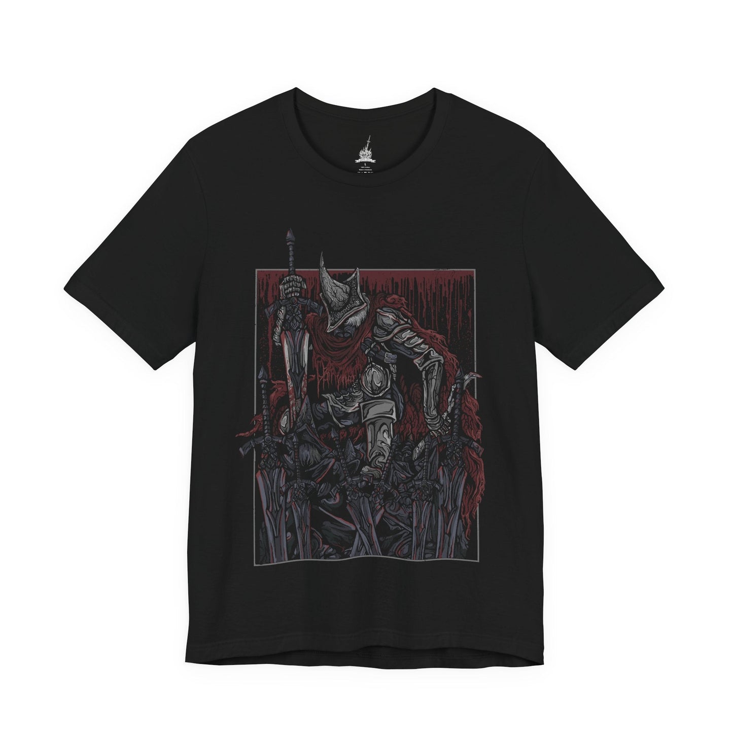 Image 4 of a T-shirt featuring the Abyss Watchers from Dark Souls 3, the fierce undead legion sworn to contain the Abyss at any cost. Clad in worn cloaks and iron helms, these warriors share one soul and one relentless purpose—endless war against darkness. Their ritualistic duels and frenzied infighting embody their cursed duty and the inevitable toll of their sacrifice.