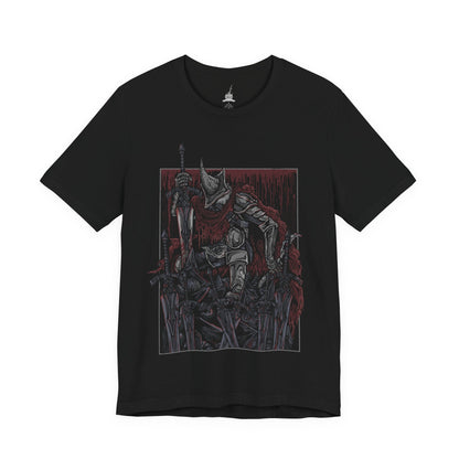 Image 4 of a T-shirt featuring the Abyss Watchers from Dark Souls 3, the fierce undead legion sworn to contain the Abyss at any cost. Clad in worn cloaks and iron helms, these warriors share one soul and one relentless purpose—endless war against darkness. Their ritualistic duels and frenzied infighting embody their cursed duty and the inevitable toll of their sacrifice.