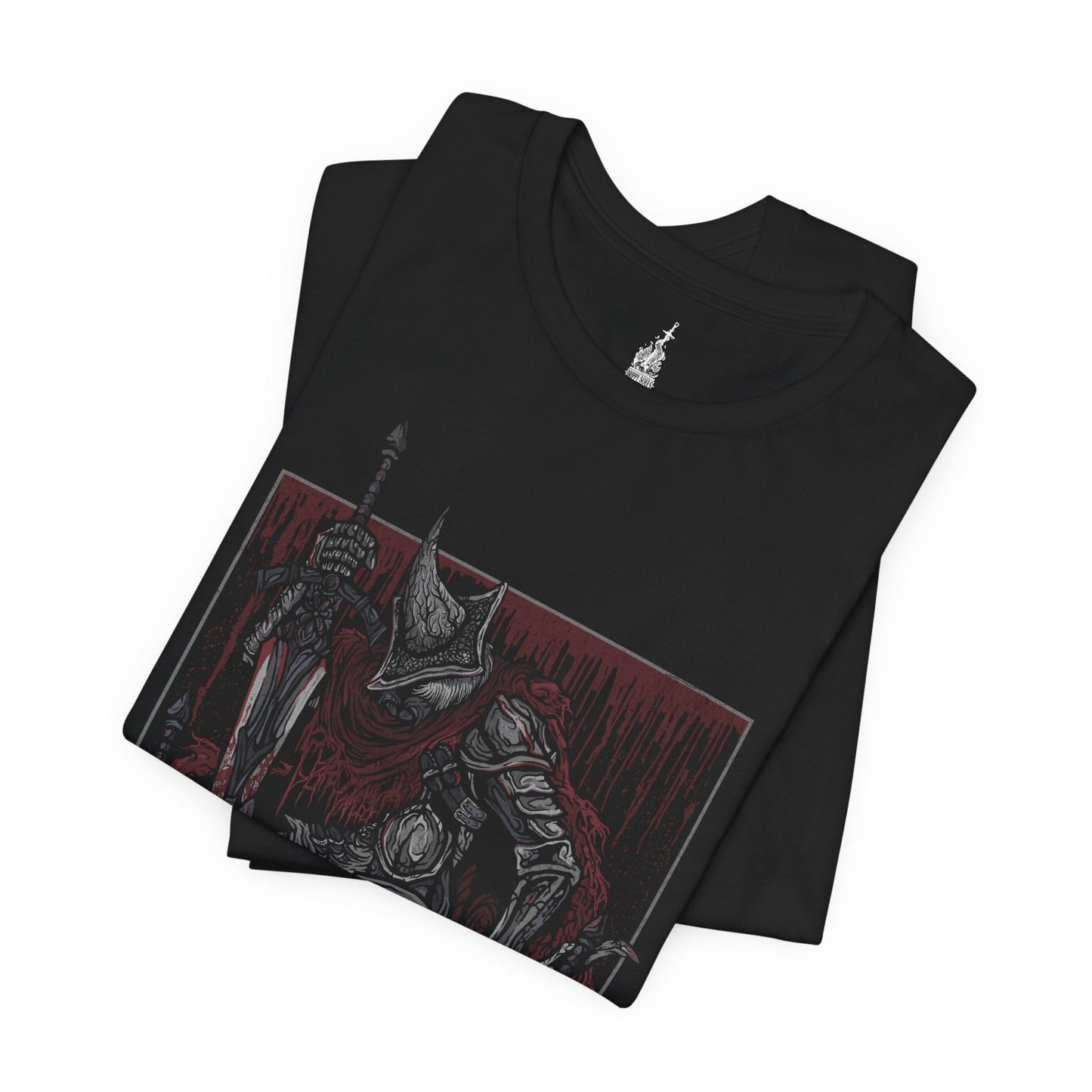 Folded T-shirt featuring the Abyss Watchers from Dark Souls 3 in a grim, dark design, highlighting their relentless battle stance and iconic armor, perfect for fans of these legendary undead warriors and their tragic battle against the Abyss.