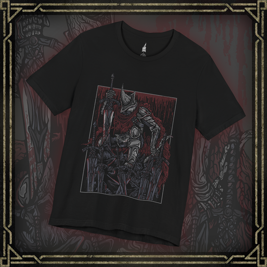 Thumbnail of a T-shirt featuring the Abyss Watchers from Dark Souls 3 in a grim, dark design, highlighting their relentless battle stance and iconic armor, perfect for fans of these legendary undead warriors and their tragic battle against the Abyss.