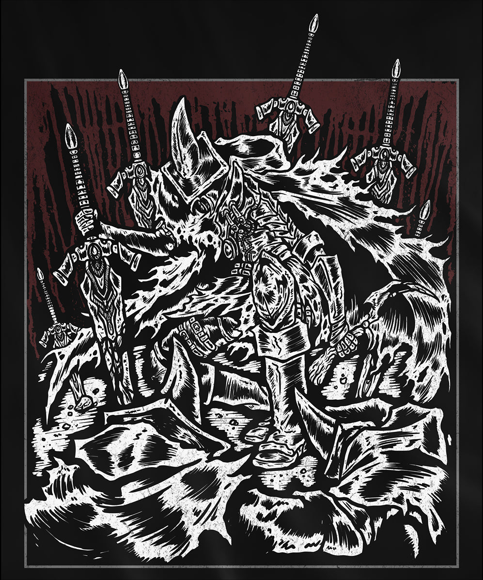 Design used for a Hooded Sweatshirt featuring the Abyss Watchers from Dark Souls in a gritty design, highlighting their dynamic combat stance and the fiery abyss motif, perfect for fans who honor their tragic duty and relentless fight against the Abyss.