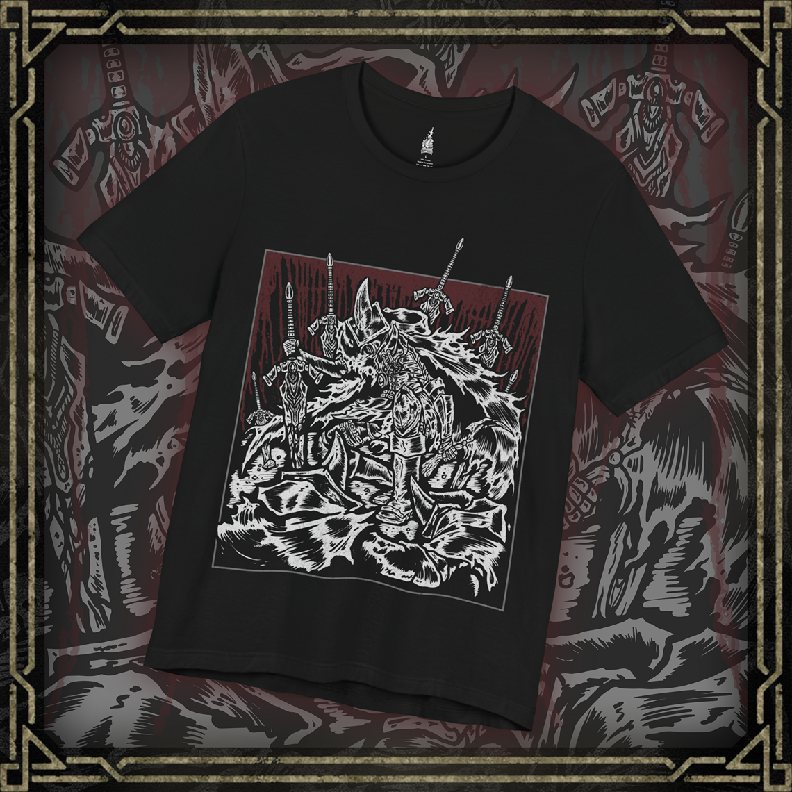 Thumbnail of a T-shirt featuring the Abyss Watchers from Dark Souls 3 in a gritty design, highlighting their dynamic combat stance and the fiery abyss motif, perfect for fans who honor their tragic duty and relentless fight against the Abyss.