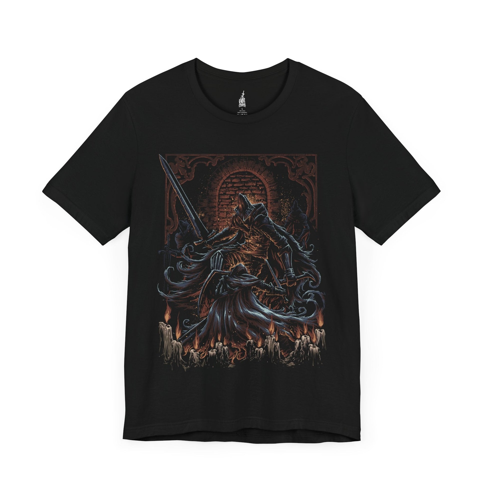 Image number 3 of a Black T-shirt featuring the Abyss Watchers from Dark Souls 3, legendary warriors of Farron’s Undead Legion, depicted in iconic armor wielding their greatswords against the Abyss, ideal for fans of Dark Souls lore and intense, challenging battles.