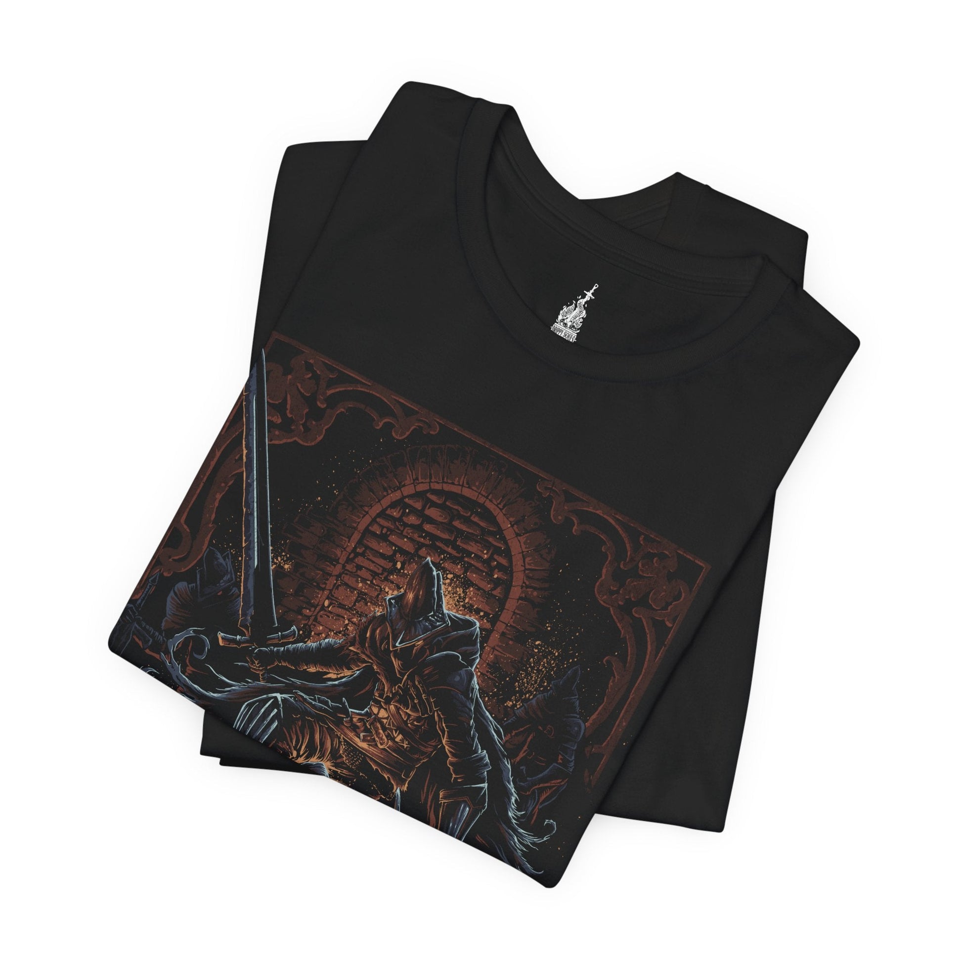 Folded T-shirt featuring the Abyss Watchers from Dark Souls 3, legendary warriors of Farron’s Undead Legion, depicted in iconic armor wielding their greatswords against the Abyss, ideal for fans of Dark Souls lore and intense, challenging battles.