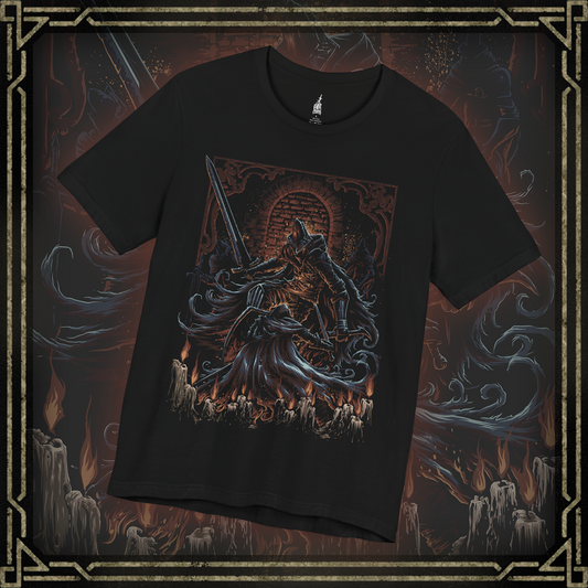 Thumbnail of a T-shirt featuring the Abyss Watchers from Dark Souls 3, legendary warriors of Farron’s Undead Legion, depicted in iconic armor wielding their greatswords against the Abyss, ideal for fans of Dark Souls lore and intense, challenging battles.