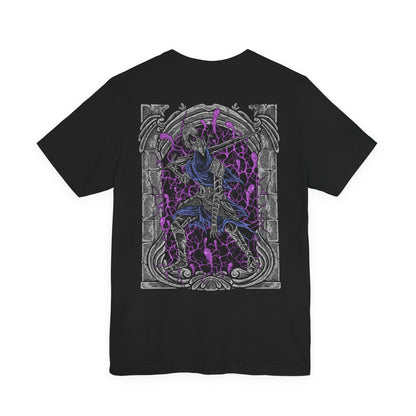 Image 5 of a T-shirt artwork of Artorias of the Abyss charging through a storm of shadow and corrupted energy, his wolf-emblazoned armor cracked and bleeding darkness. The Abyss surges around his broken form as he fights with relentless fury, embodying the legend of a hero who willingly gave his soul to save the world from encroaching ruin.