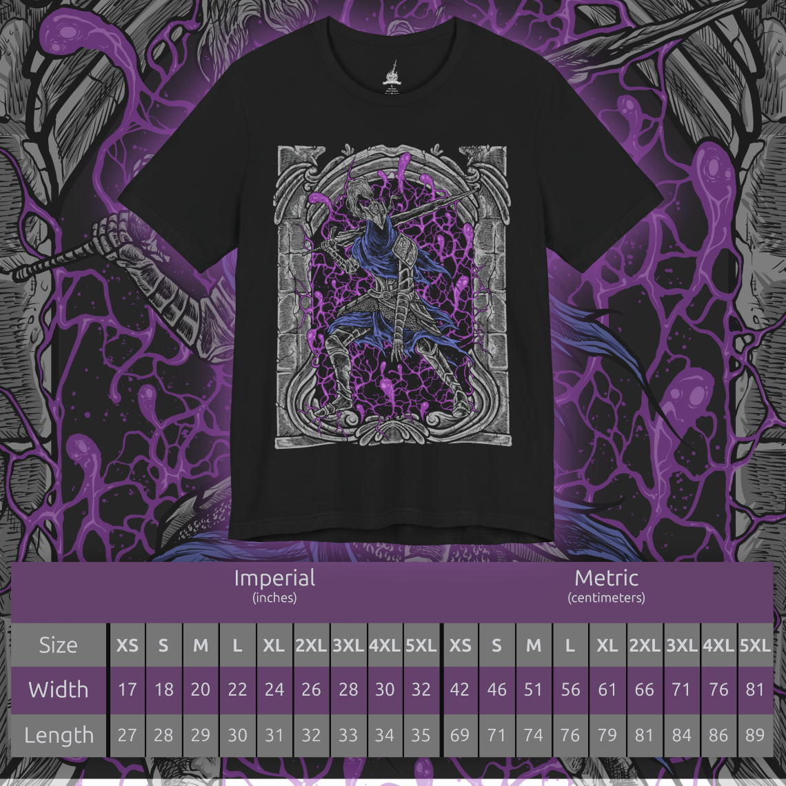 Size chart of a T-shirt artwork of Artorias of the Abyss charging through a storm of shadow and corrupted energy, his wolf-emblazoned armor cracked and bleeding darkness. The Abyss surges around his broken form as he fights with relentless fury, embodying the legend of a hero who willingly gave his soul to save the world from encroaching ruin.