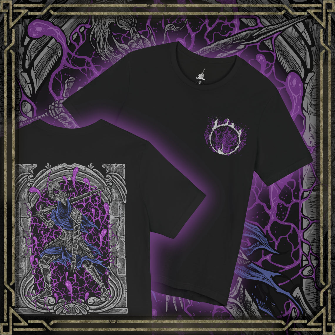 Thumbnail of a T-shirt artwork of Artorias of the Abyss charging through a storm of shadow and corrupted energy, his wolf-emblazoned armor cracked and bleeding darkness. The Abyss surges around his broken form as he fights with relentless fury, embodying the legend of a hero who willingly gave his soul to save the world from encroaching ruin.