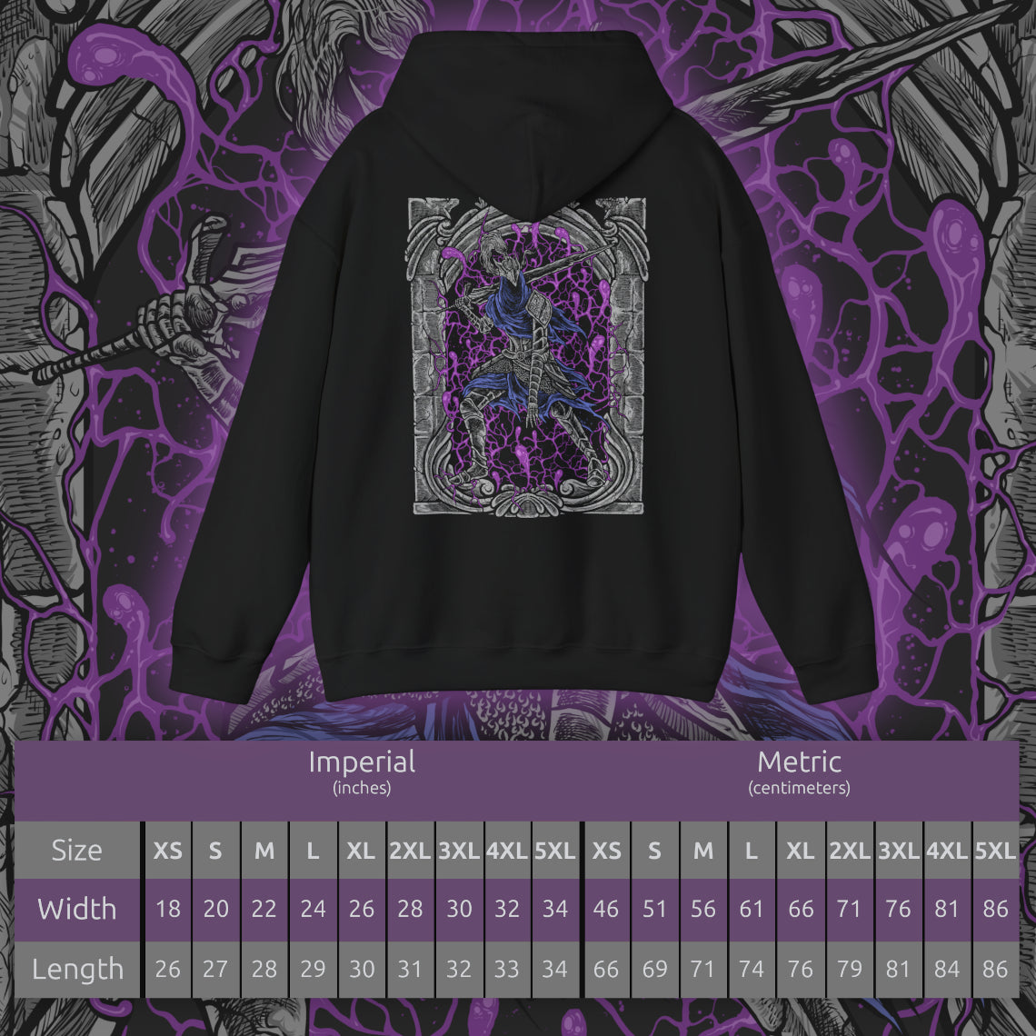 Size chart of a Hooded Sweatshirt of Artorias of the Abyss standing alone within a void of blackened mist, his greatsword raised despite his shattered arm. Abyssal tendrils twist around his armor as the corruption overtakes him, capturing the sorrow, heroism, and eternal struggle of a knight who fell so others might live.