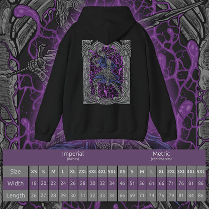 Size chart of a Hooded Sweatshirt of Artorias of the Abyss standing alone within a void of blackened mist, his greatsword raised despite his shattered arm. Abyssal tendrils twist around his armor as the corruption overtakes him, capturing the sorrow, heroism, and eternal struggle of a knight who fell so others might live.