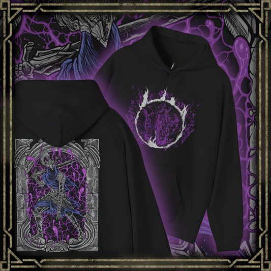 Thumbnail of a Hooded Sweatshirt of Artorias of the Abyss standing alone within a void of blackened mist, his greatsword raised despite his shattered arm. Abyssal tendrils twist around his armor as the corruption overtakes him, capturing the sorrow, heroism, and eternal struggle of a knight who fell so others might live.